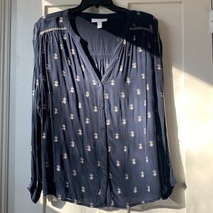 The White Company button front tunic in navy with embroidery detail